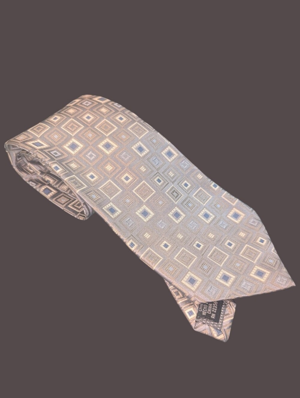EUCPaul Dione Mens Silk Tie Gold Tan Blue‎ Geometric Square Pattern Professional